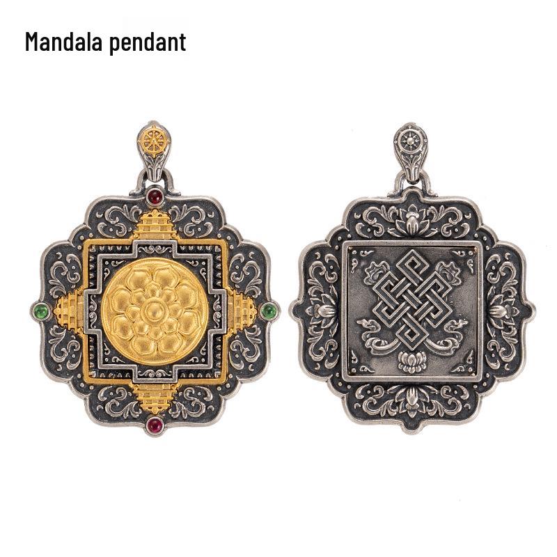 

Tibetan Vintage Ethnic S925 Silver Gold-Plated Mandala Pendant with Colorful Gemstones 925 Silver
