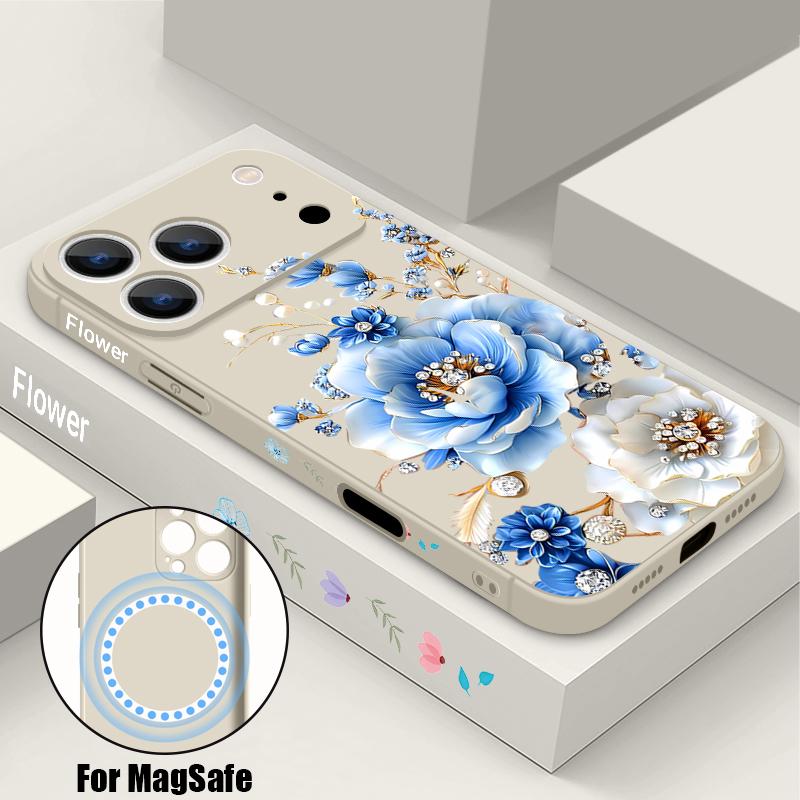 

Luxury Blue Flower Print Case For iPhone 17 Pro Max iPhone 16 15 14 13 Pro Max Magnetic For Magsafe Soft Silicone Phone Back Cover iPhone 13 Pro