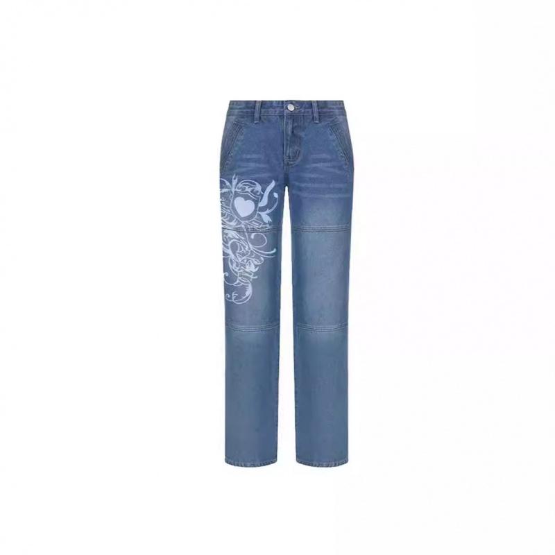Street style women's clothing, irregular print loose long pants, low-waist pleated washed distressed multi-color jeans