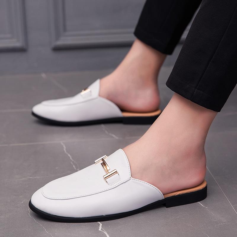 Fashion British Style Men Casual Leather Half Drag Shoes Fashion Flat Designer Outdoor Loafers Slip On Walking Round Toe Shoes Slippers