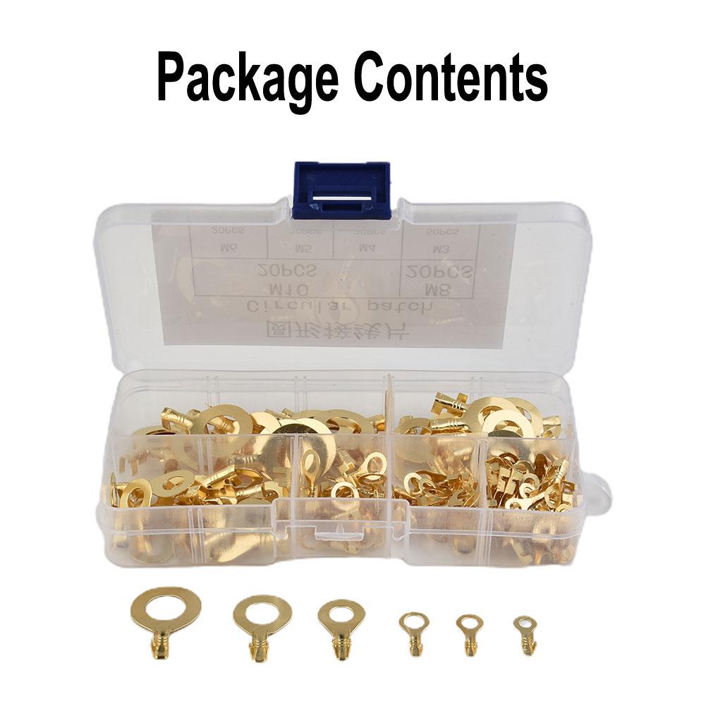 150pcs Brass Cable Lugs Assorted Sizes Copper Ring Connectors for M3 M5 M6 M8 M10 with Clear Storage Container