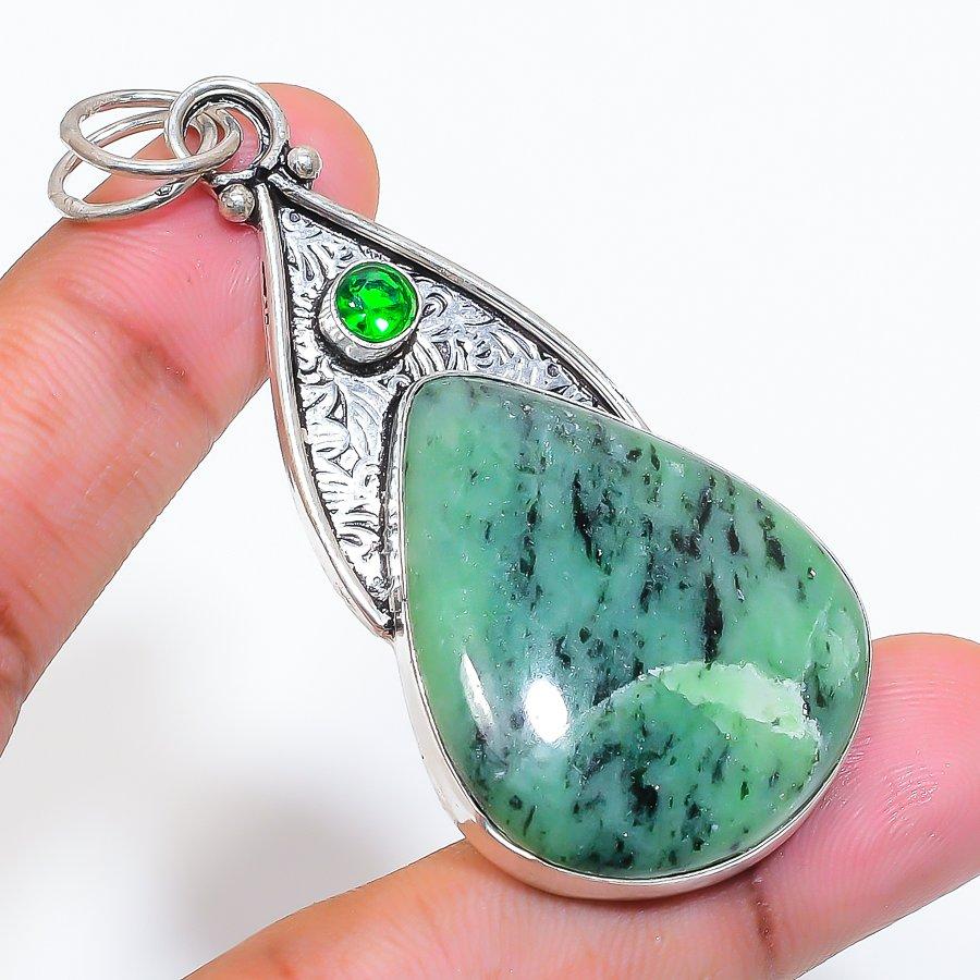 Natural Ruby Zosite, Peridot 925 Sterling Silver Jewelry Pendant 2.68" ZS-434