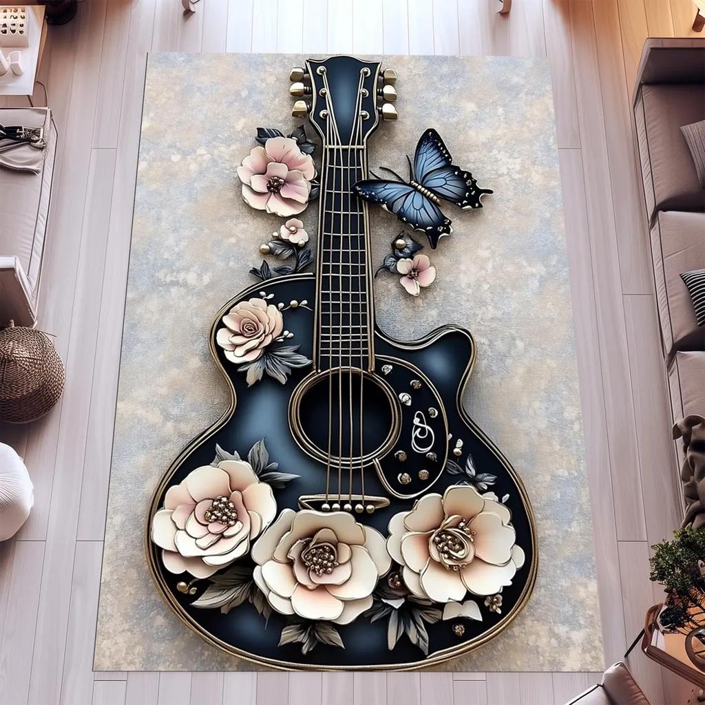 Tappeto con Stampa di Fiori per Chitarra Vintage per Soggiorno Comodino Camera da Letto Tappetino Vintage Ingresso Zerbino Tappeto Tappeto Grande