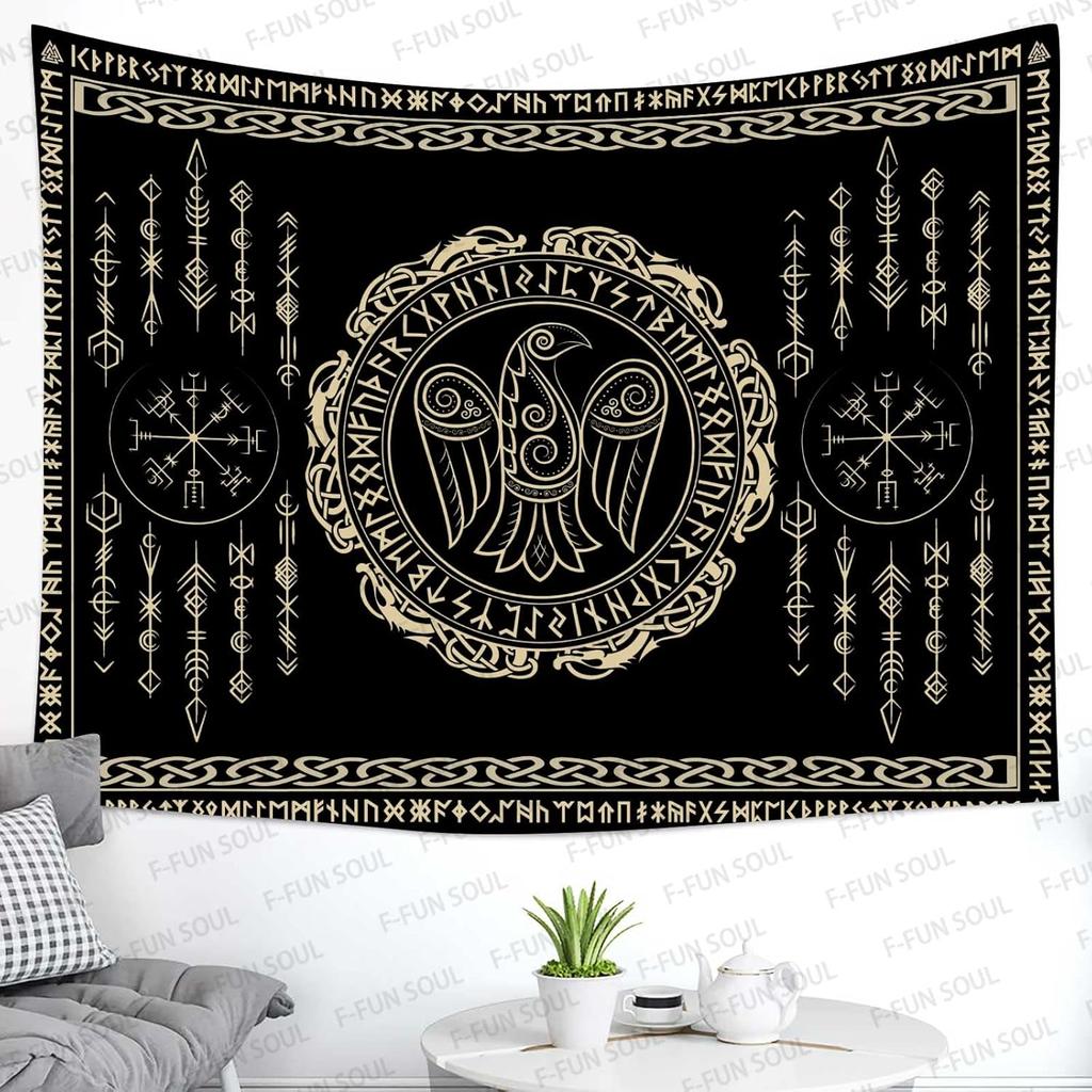 VIKAMA Viking Rune Tapestry Black Background with Gold Double Dragons Norse Mythology Living Room Study Game Room Wall Decor