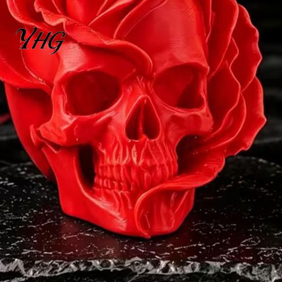 Rose Skull Decor Figurine, 3D Printed Gothic Ornament, Spooky Flower Home Statue, Halloween Centerpiece for Table Shelf Theme Party Supplies