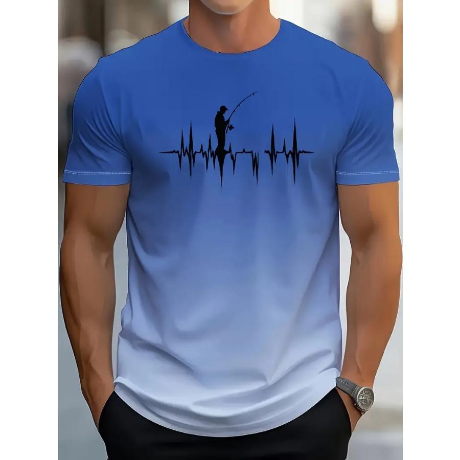 Men'S 3D Print Gradient T-Shirt - Breathable Short Sleeve Athletic Tee with Heartbeat Running, Basketball Casual Summer Wear, Sports T Shirt