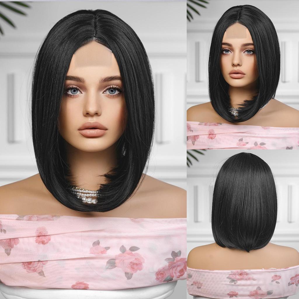 LOUIS FERRE 1*4 Lace Syntheic Wigs Short Bob Ombre Top Dark Black To Mixed Brown Wig Hair for Girls Daily Party Heat Resistant Daily