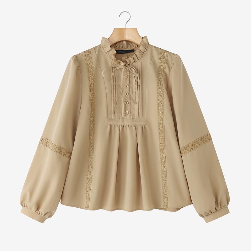 

ZANZEA Женская повседневная блузка с круглым вырезом, длинными рукавами, кружевной вставкой, свободного кроя S