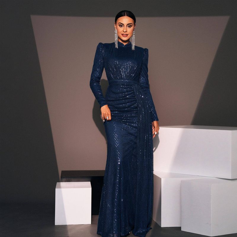 Cross-Border European and American Evening Dress with Long Sleeves, Elegant Round Neck, Sexy Slim Fit, Long Sequined Party Bridesmaid Dress for Women