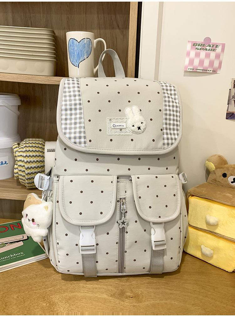 Schoolbag Korean Soft Cute Polka Dot Plaid Rabbit Backpack Cream Color Fresh College Style Junior High School Student Backpack