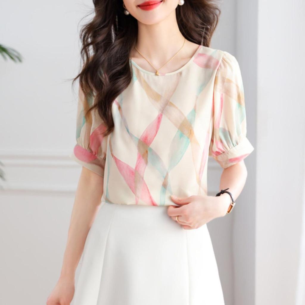 Women's 2025 New Style Contrast Color Chiffon Short-Sleeved Pullover Top