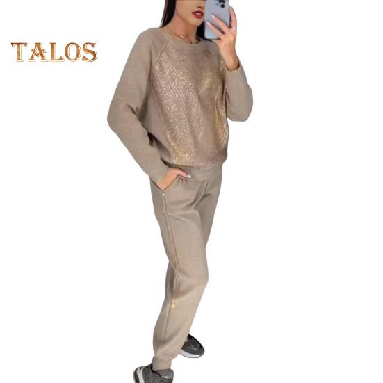2 Teile/satz Frauen Top Hosen Anzug Strass Dekor O Hals Langen Ärmeln Patchwork Sport Sweatshirt Elastische Taille Hose Fitness Outfit Herbst frühling