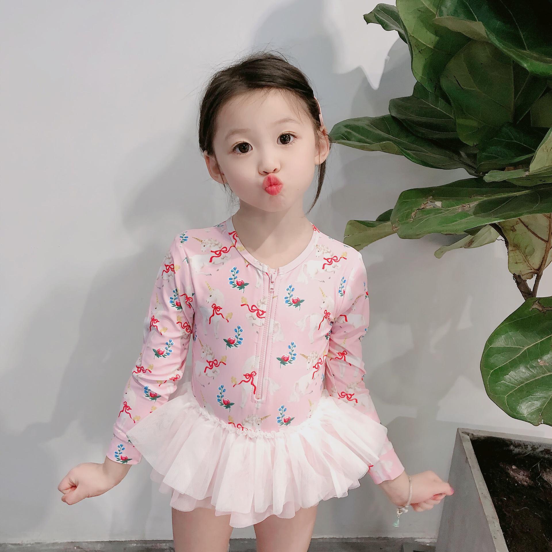 

Unicorn Kitten Long Sleeve Tulle Skirt Swimsuit for Girls 90