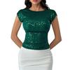 Women T-shirt Round Neck Short Sleeve Sequin Tops Backless Design Slim Fit Sexy Party Tops Daily Wear