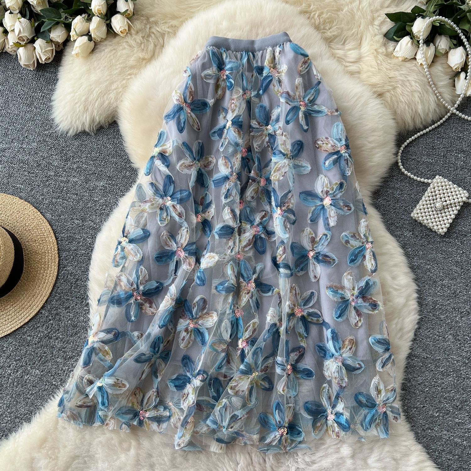 

Літо Осінь Жіноча Повсякденна Спідниця Міді з Сітки з Паєтками, Вишивкою та Квітковою Феєю One size