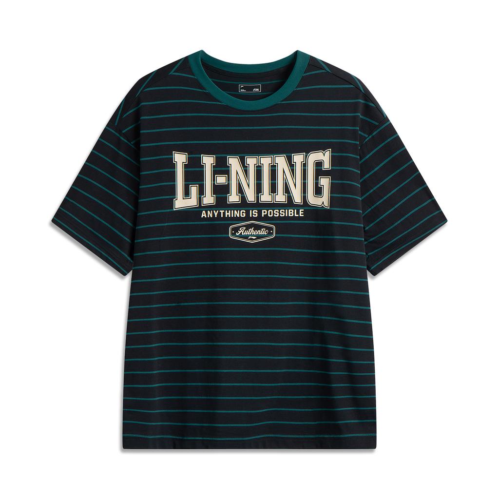 Li-Ning Striped Letter Breathable Versatile Short Sleeve T-Shirt Men Tops Black AHSV281-7