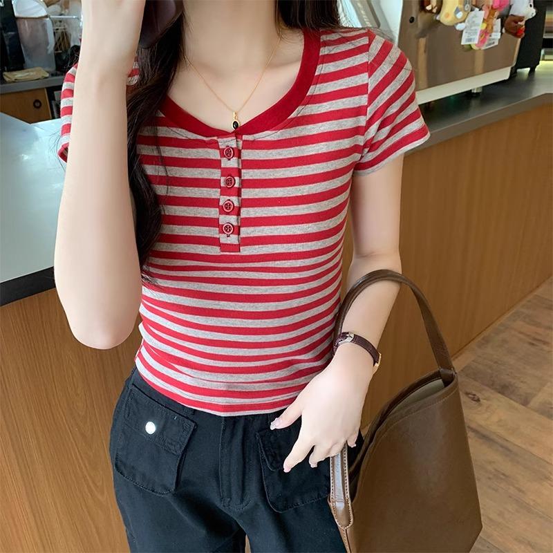 American Retro Striped Contrast Color Right Shoulder T-Shirt Women's Short Sleeve Spring and Summer Design Slim U Neck Short Flying Sleeves Short Top