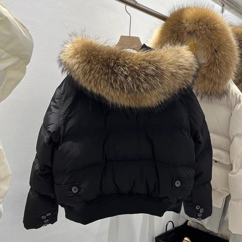 Damen Kurze Lockere Verdickte Winter Daunenjacke mit Großem Pelzkragen