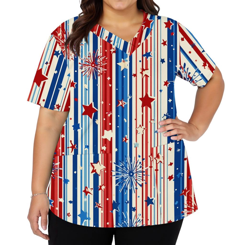 Women's Fashionable Casual Independence Day American Flag And Stars Print V-neck Short-Sleeved Work Shirt With Double Side Slits And Pockets