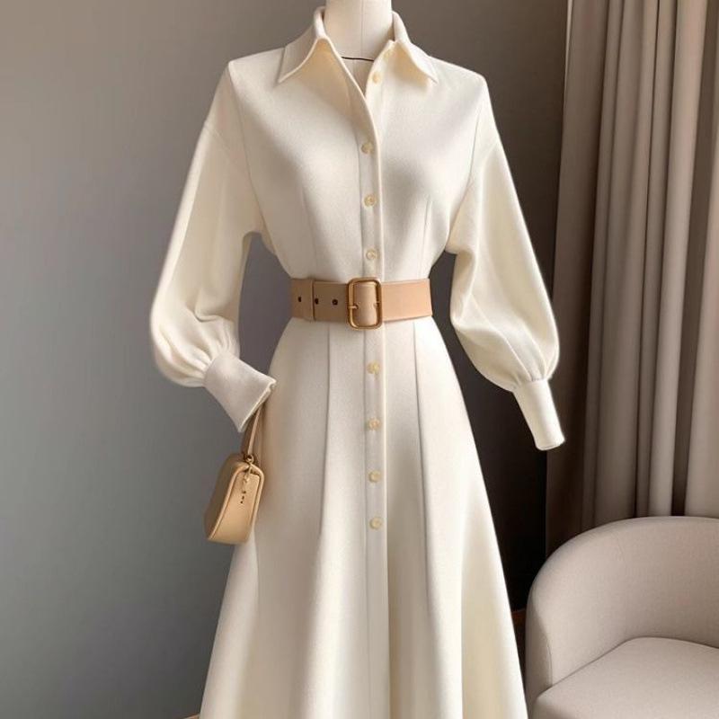 Chic Commuter White A-Line Dress: Korean Style Slim Fit for Autumn/Winter
