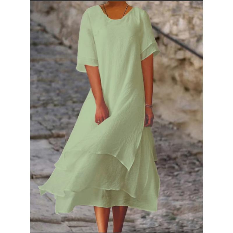 YYFS Moda Donna Estate Primavera Colore Solido Stampa Manica Corta Scollo a O Vita Larga Abiti Casual