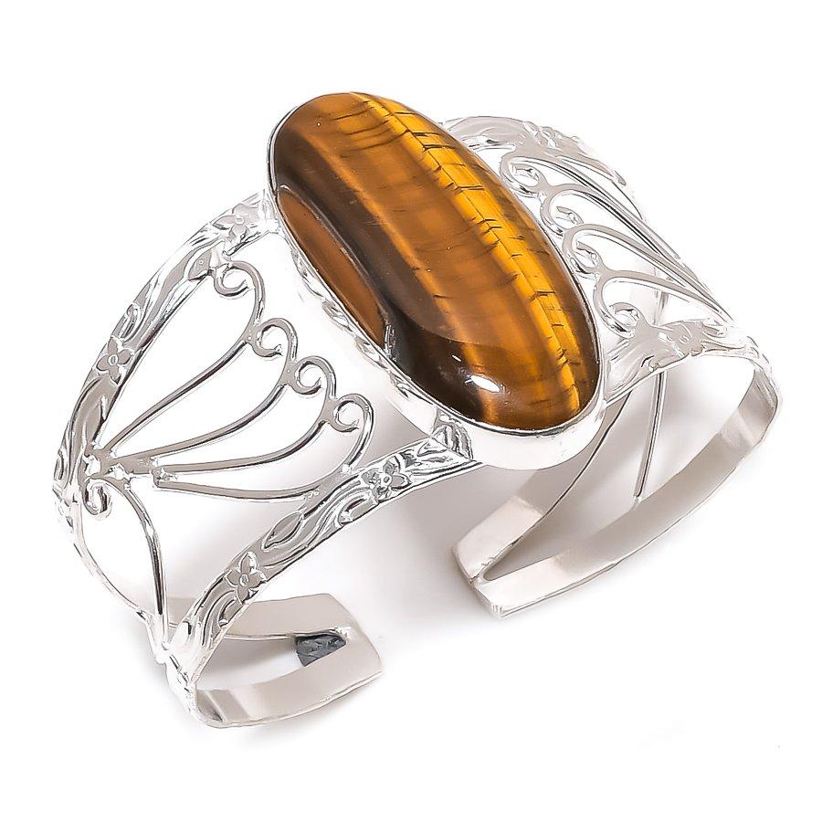 Natural Tiger Eye Gemstone 925 Sterling Silver Cuff Bangle Adjustable O7z61