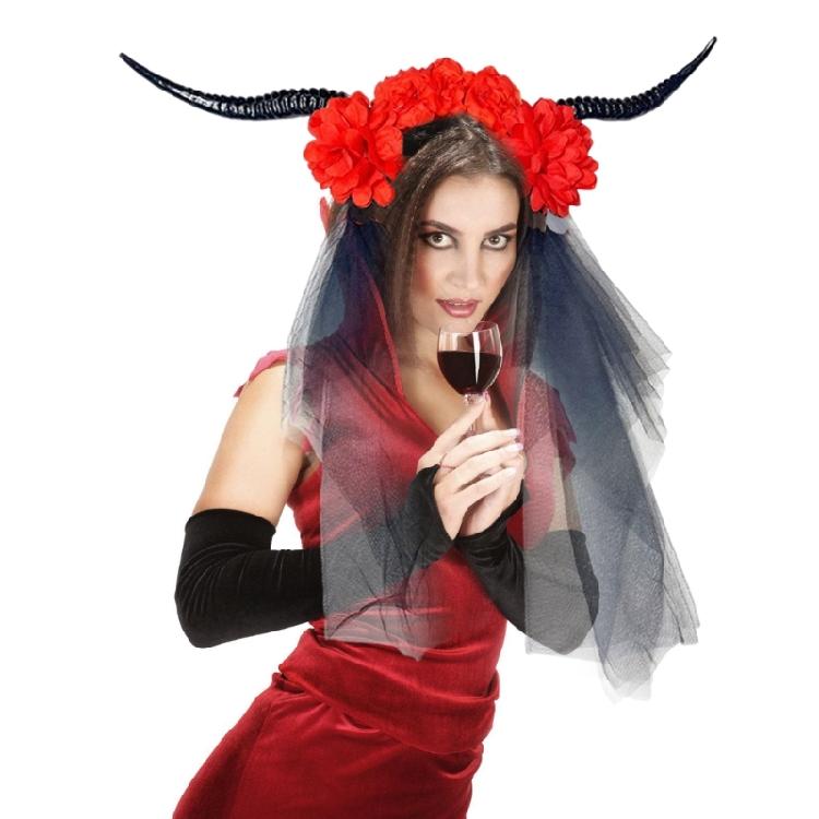 Halloween Hairhoop with Antelope Horn Dark Series Flower Headband with Veil Theme Party Headwear Festival Props Hairband