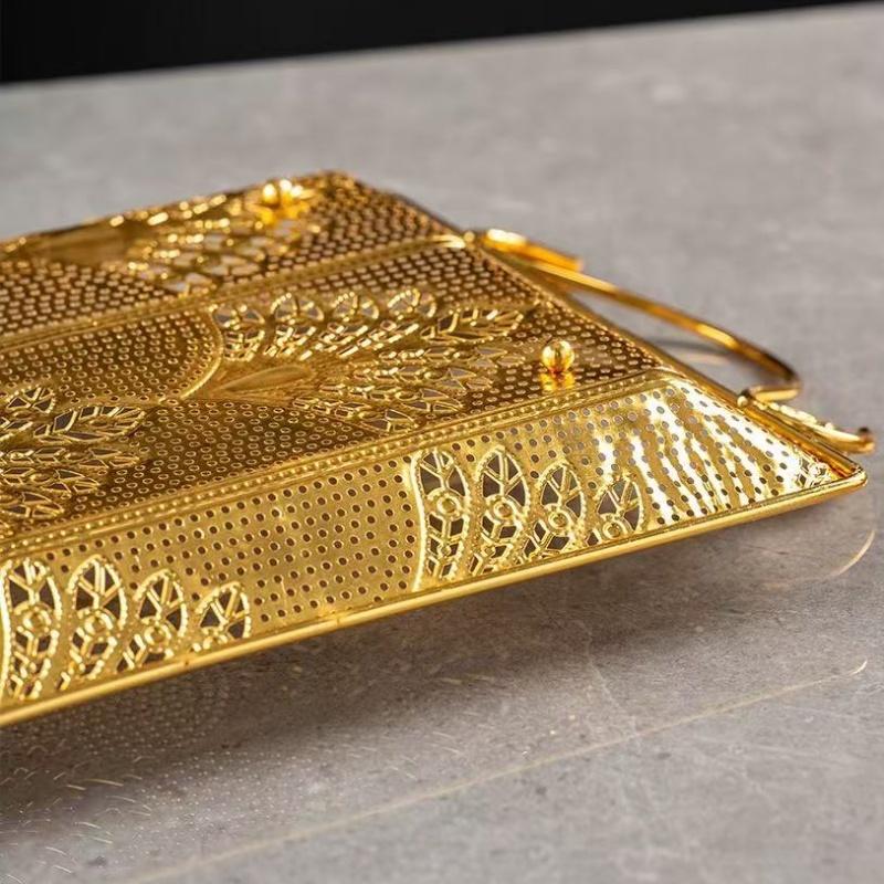 European Cake Tray,Household Metal Rectangle Hollowed-Out Shape Golden Handle Fruit Plate,Snack Plate Party Decoration,18 inch