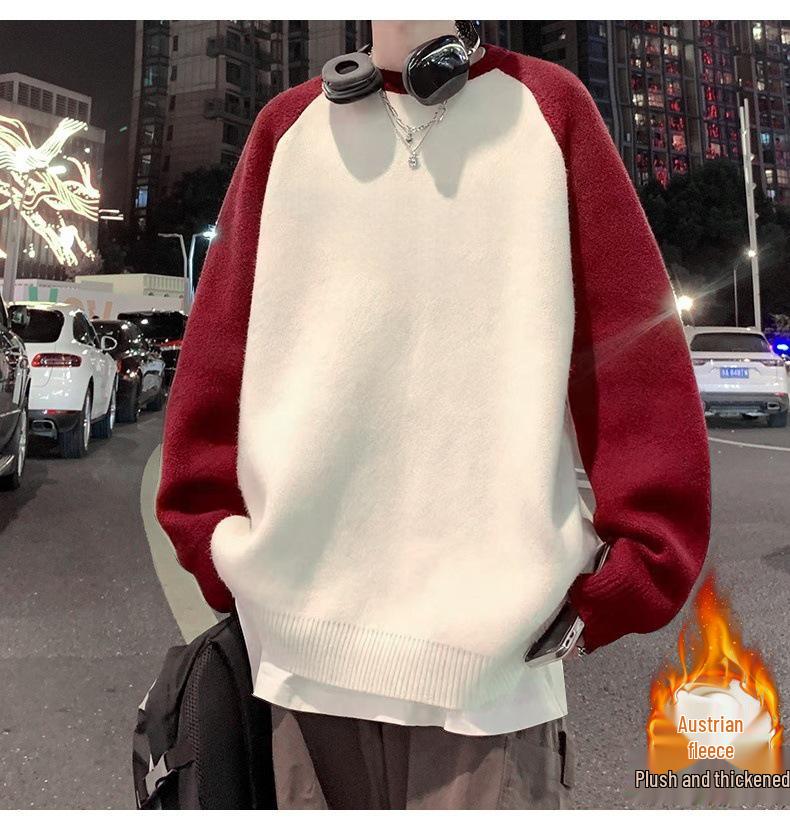 Men's High-End Color Block Heavyweight Cotton Hoodie - Autumn/Winter Style, Casual Loose Fit, Long Sleeve, Velvet Accents.