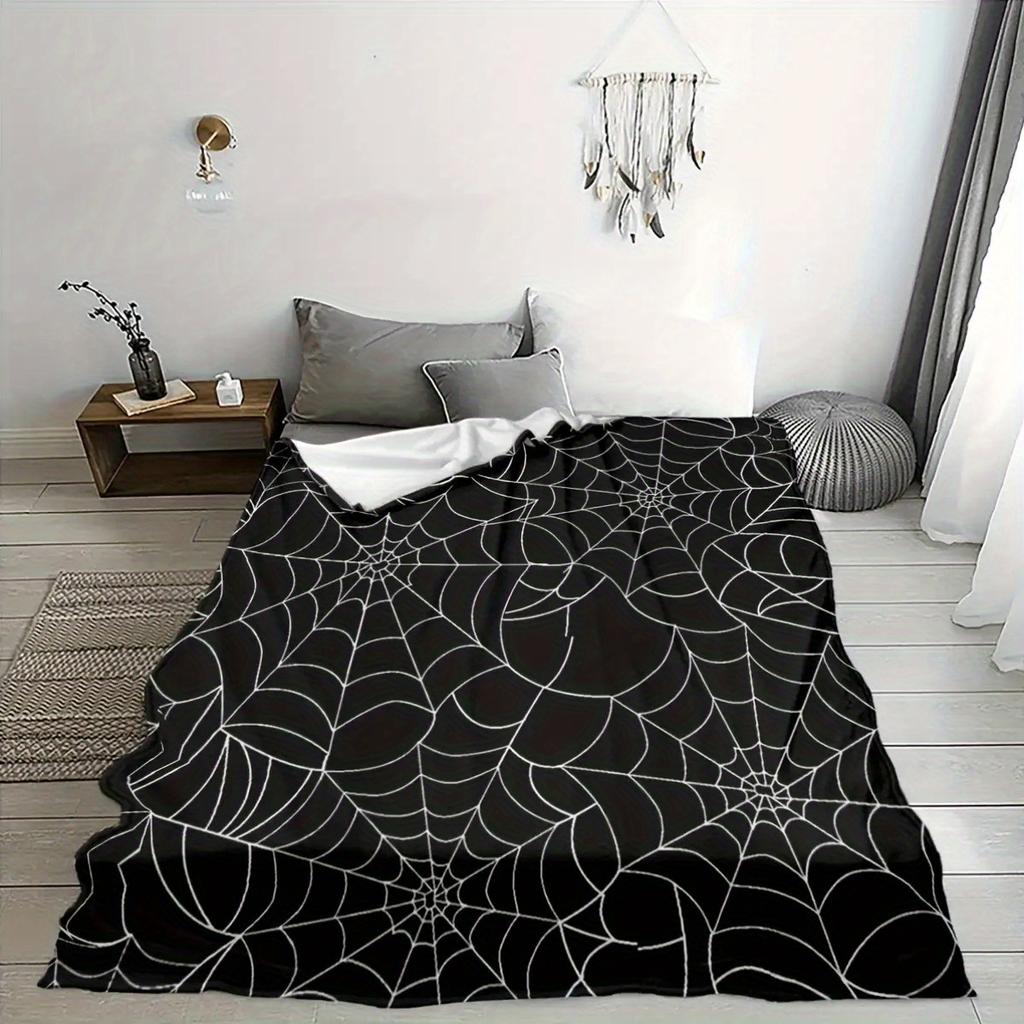 Halloween Spider Web Blanket - Spooky Black & White Throw - Hypoallergenic Lightweight All-Season - Soft Polyester Flannel