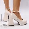 Chunky Platform High Heels Pumps Women Fashion Pearl Ankle Strap Party Shoes Woman Patent Leather Thick Heeled Mary Jane Shoes