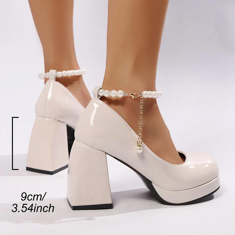 Fashion Chunky Platform High Heels Pumps Women Fashion Pearl Ankle Strap Party Shoes Woman Patent Leather Thick Heeled Mary Jane Shoes