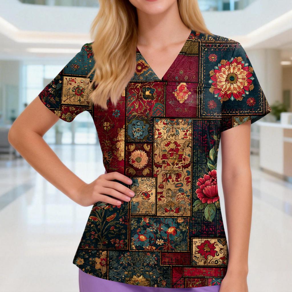 Damen V-Ausschnitt Drei-Taschen Kurzarm Retro-Print Uniform/Pflegekraft Oberteil Mit Schlitzen Am Saum