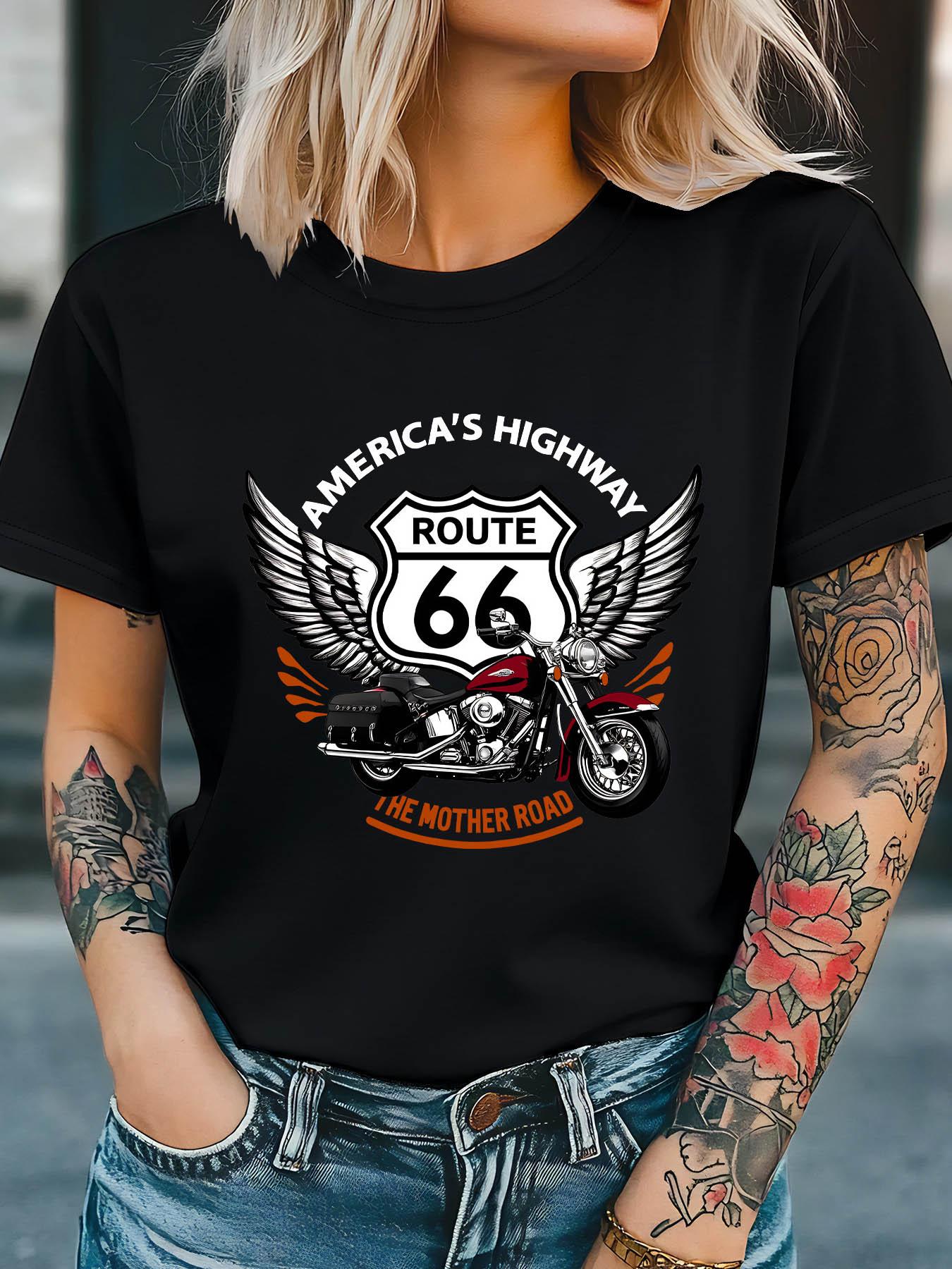 AMERICA S HIGHWAY ROUTE 66 THE MOTHER ROAD Letter Print T-Shirt, Short Sleeve Crew Neck Casual Top for Summer & Spring, Women S Clothing S разноцветный