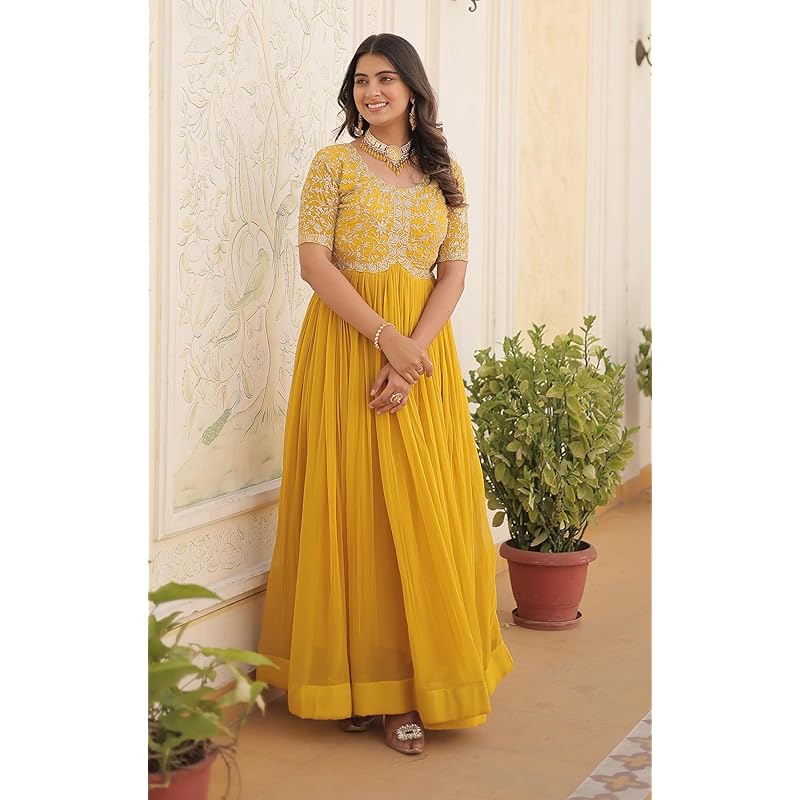 Fashion Basket Georgette Embroidered Anarkali Gown for Women Yellow XL жёлтый