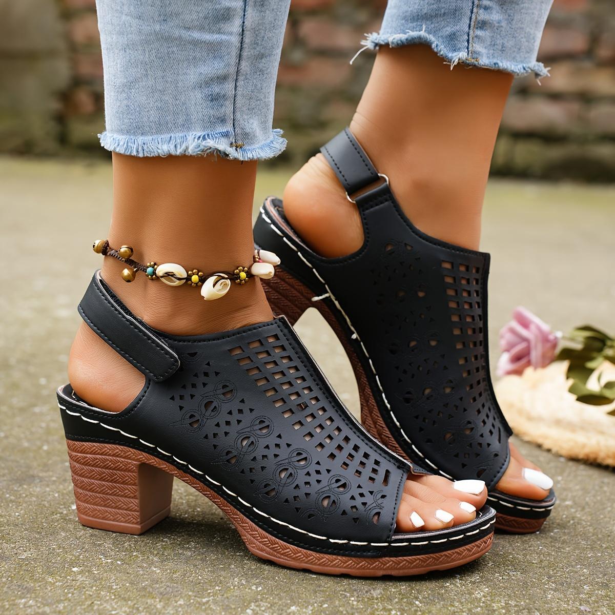 Женские однотонные стильные сандалии, туфли на платформе с ремешком на щиколотке, туфли на платформе с мягкой подошвой, дышащие прогулочные туфли на массивном каблуке 38 чёрный