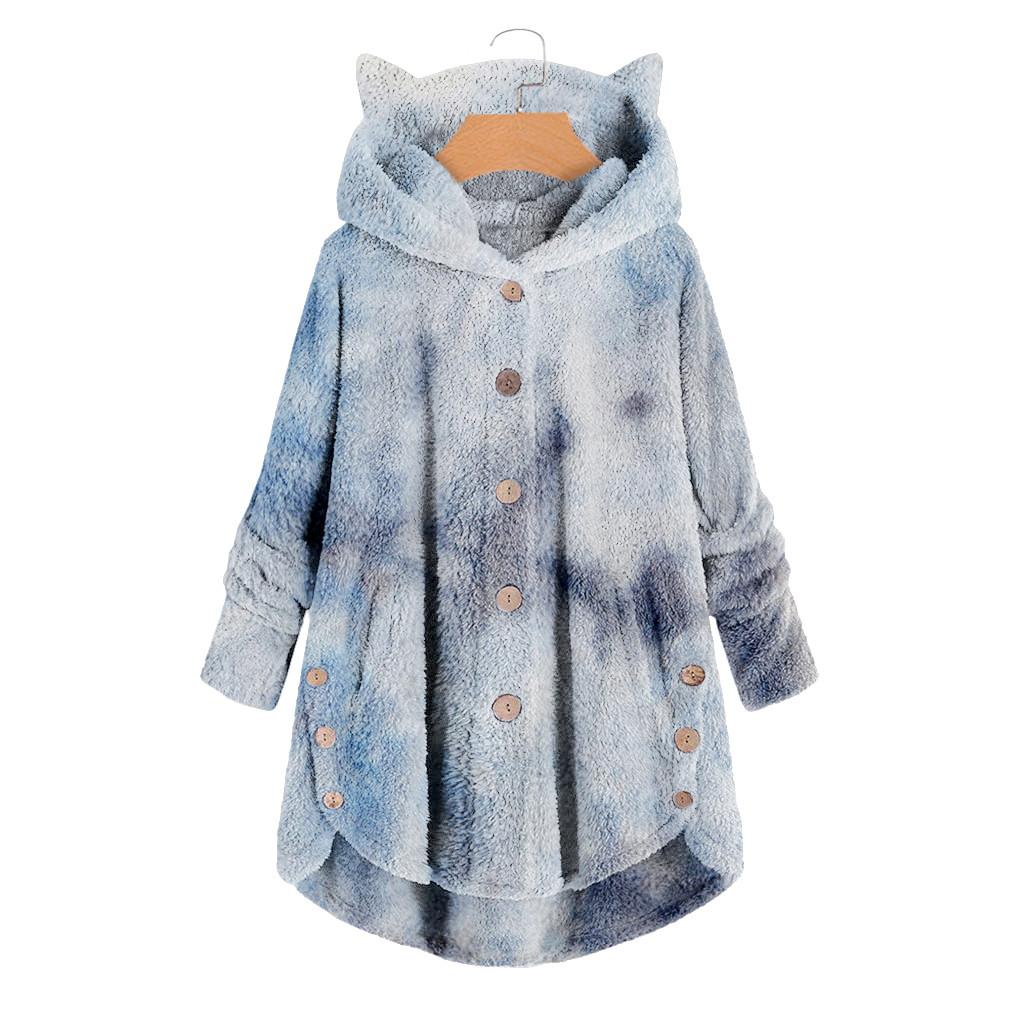 Women Fashion Plush Pocket Winter Tie-dyed Long Sleeve Keep Cat Ears Warm Coat