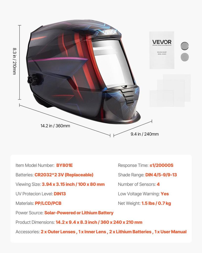 Welding Helmet Auto Darkening True Color, 100 X 80 Mm Welding Hood Solar-Powered, Welder Mask with 4 Arc Sensors, Wide Shade 4/5-9/9-13 for TIG MIG