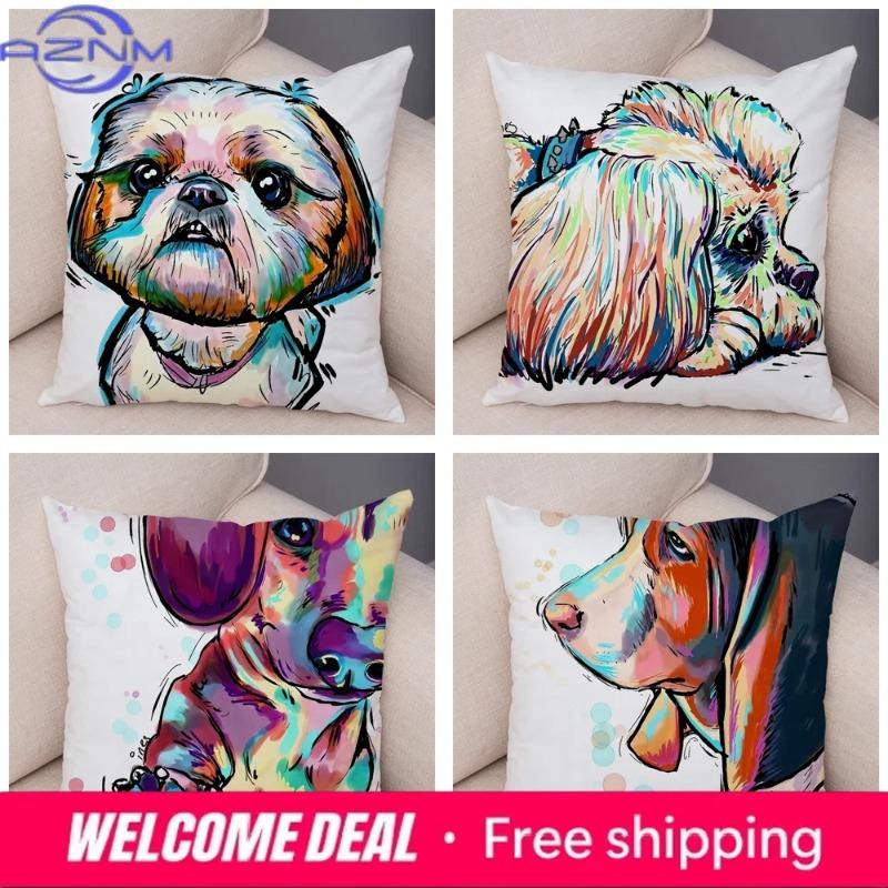 Style Cute Watercolor Pet Dog Pillow Case Decor Cartoon Animal Pillowcase Soft Plush Cushion Cover for Car Sofa Home xcm