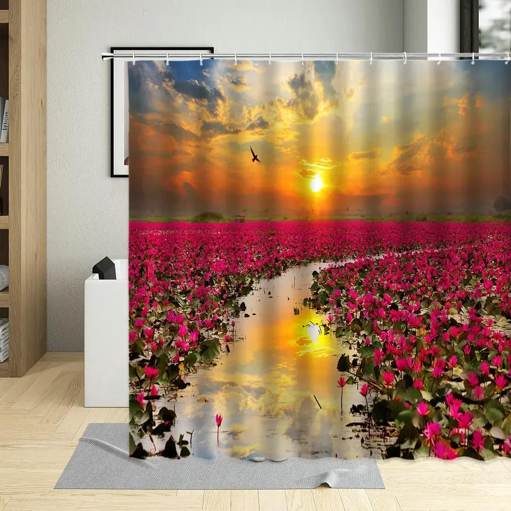 Flower Plant Landscape Shower Curtain Cherry Blossom Waterfall Green Forest Manor Arch Bridge Ocean Scenery Bathroom Curtain Set