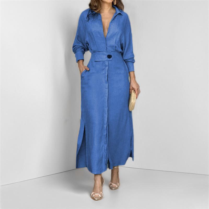 Spring Autumn Polo-neck Elegant Fashion Waist Dress Women Long Sleeve Solid Color Casual Robe Vestidos