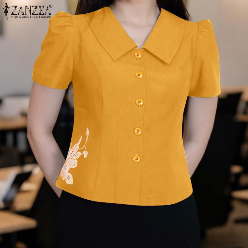 ZANZEA Women Turn Down Collar Summer Short Sleeve Casual Print Blouse