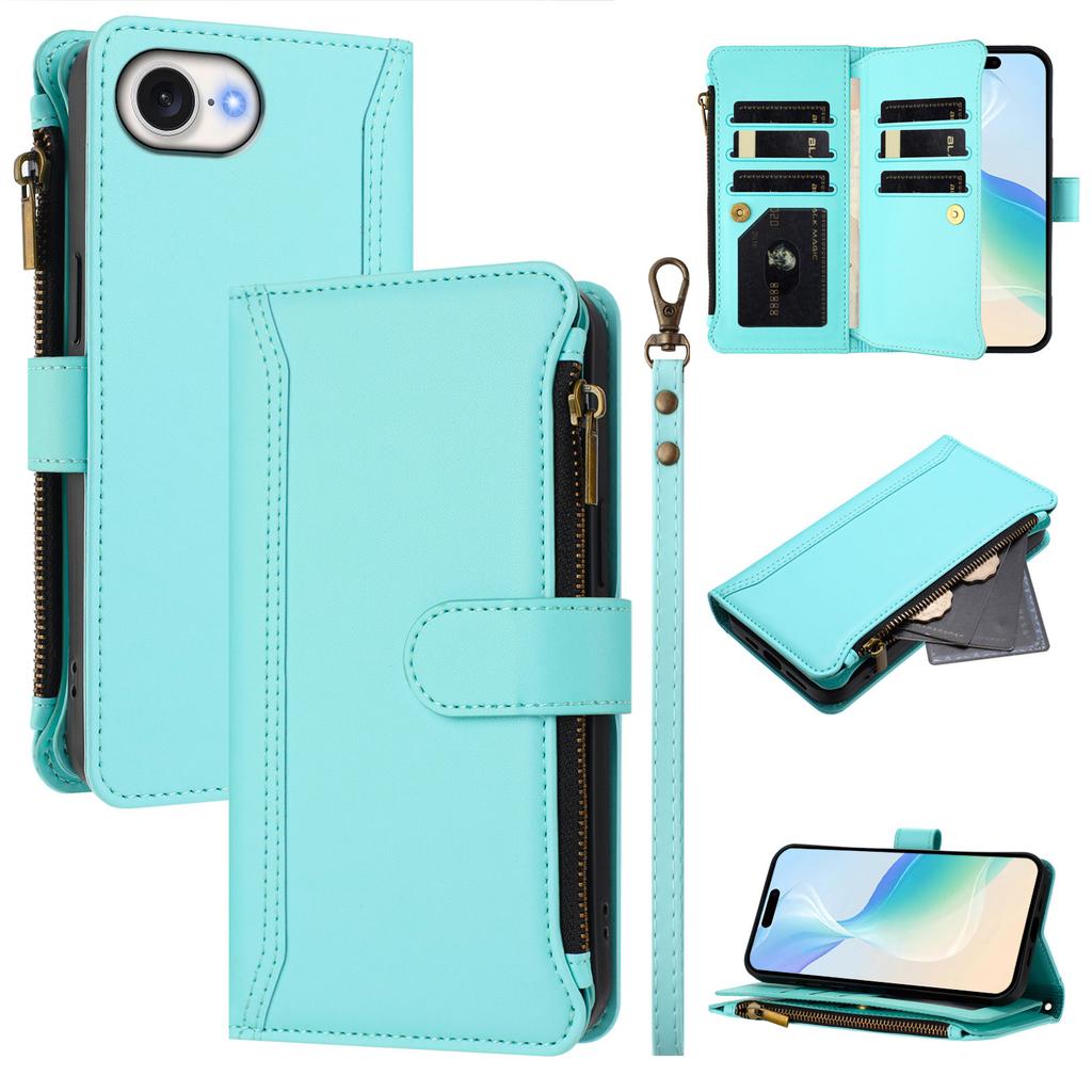 For iPhone 16e Leather Case 9 Card Slots Zipper Wallet Stand Phone Cover with Wrist Strap