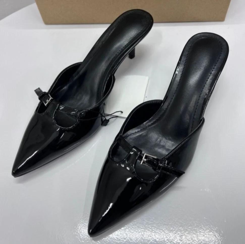 

Summer Women Mules Shoes Patent Leather Slip on Pointed Toe Buckle Slingbacks Luxury High Heels Sandals Sandalias Mujer 42 чорний