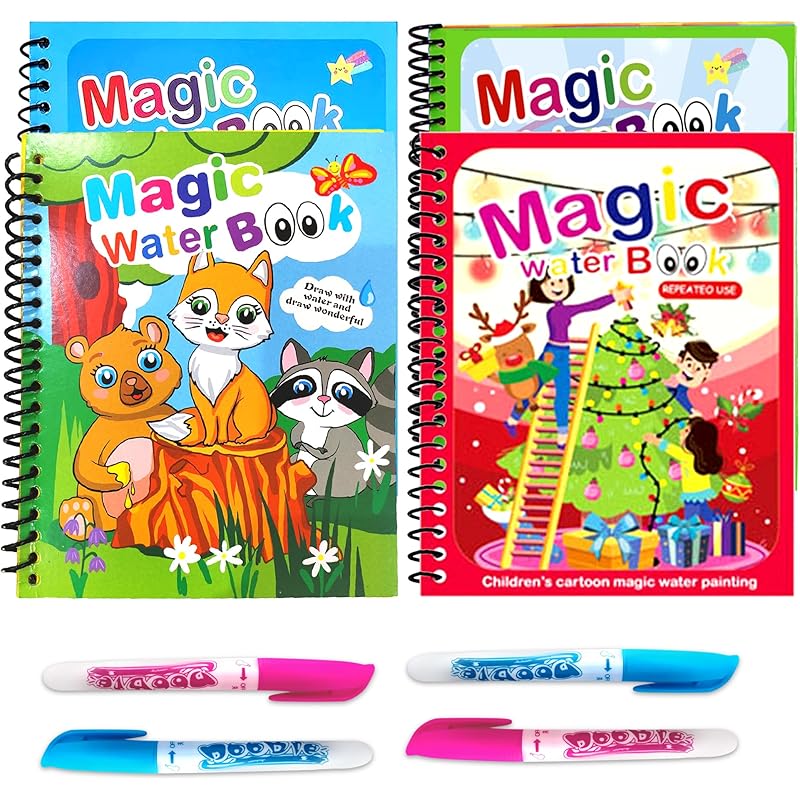 Glun 4 Pack Water Coloring Books For Kids, Water Painting Drawing Book For Toddlers 2-10 Years