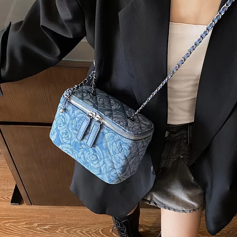 Denim Crossbody Bag Design Sense Women Fashion Plaid Small Square Bag Bucket Bag, Adjustable Chain Crossbody Square Bag Shoulder Bagall Flap Bag