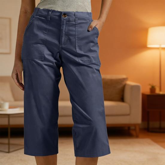 Calças Femininas Cropped com Bolsos Cintura Alta Perna Reta Calças Cargo Modelagem Solta Comprimento no Joelho Calças de Verão para Caminhada Viagem