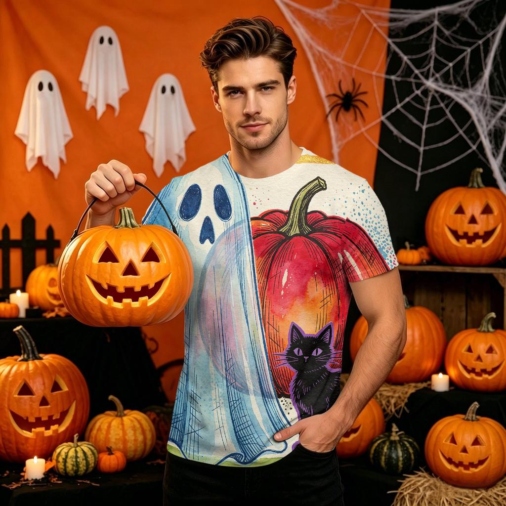 Men's Halloween Printed Neck Short Sleeve T-Shirt