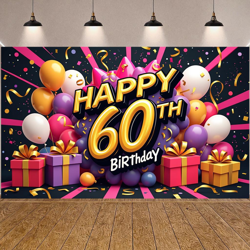 Birthday Party Backdrop Typography 60th Birthday Background Birthday Event Background Golden Text For Family Party