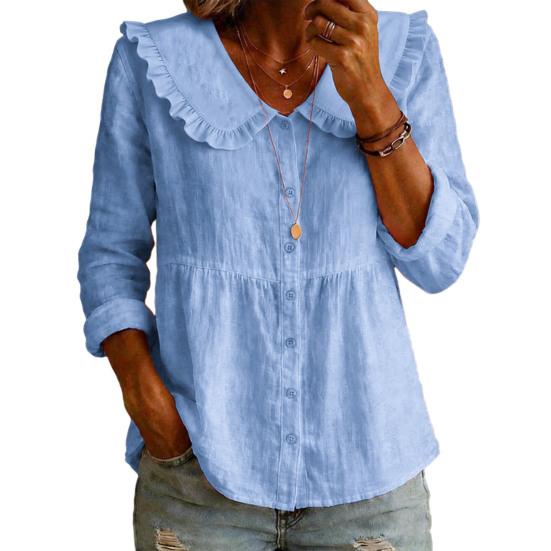 Women Shirt Ruffled Large Lapel Long Sleeve Buttons Placket Shirt Tops Pure Color Loose Fit Mid-Length Hem Casual Tops
